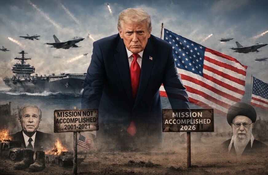 President Donald J. Trump posted a composite graphic featuring two signs, American flags, fighter jets, and an aircraft carrier on Truth Social on 08/27/2026.