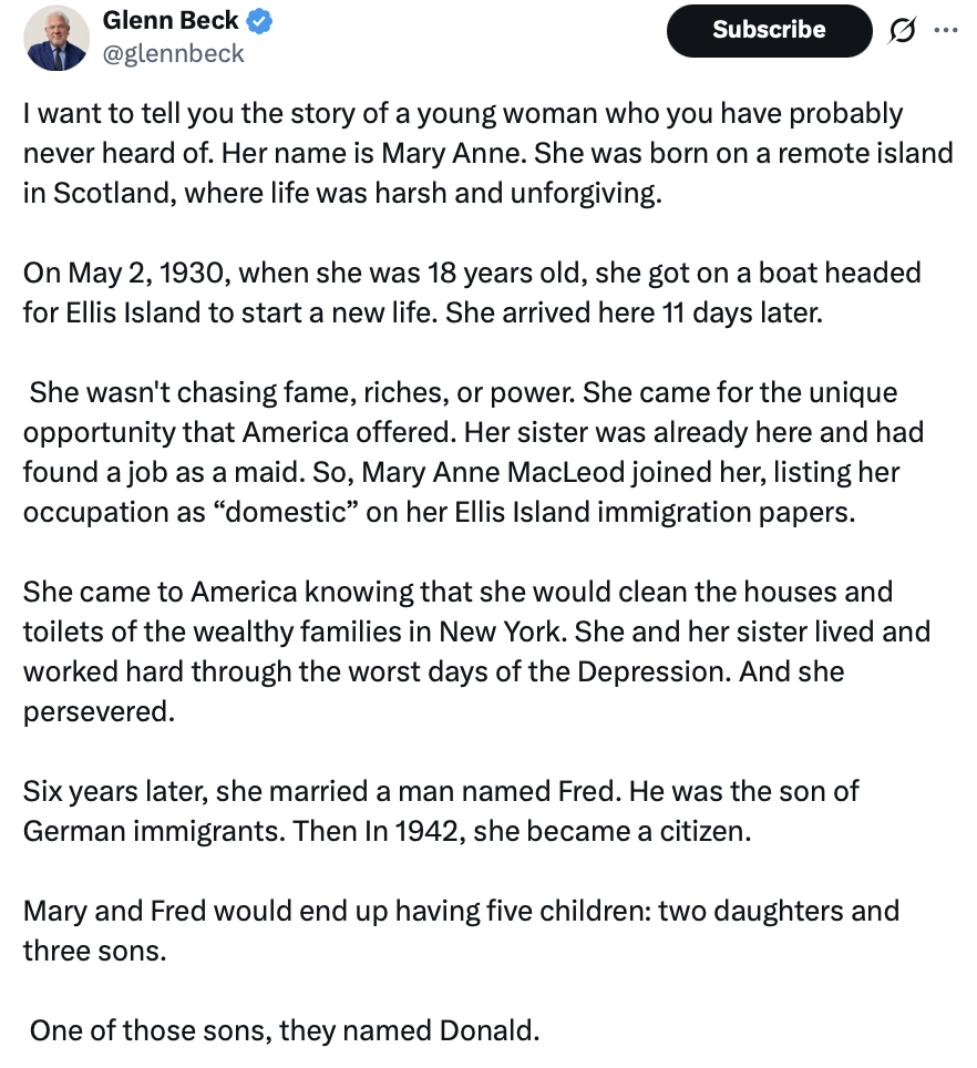 Trump Shares Glenn Beck’s Tribute to His Immigrant Mother Mary Anne MacLeod