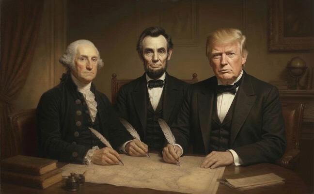 President Donald J. Trump shared an AI-generated portrait on Truth Social depicting himself alongside George Washington and Abraham Lincoln at WASHINGTON D.C.