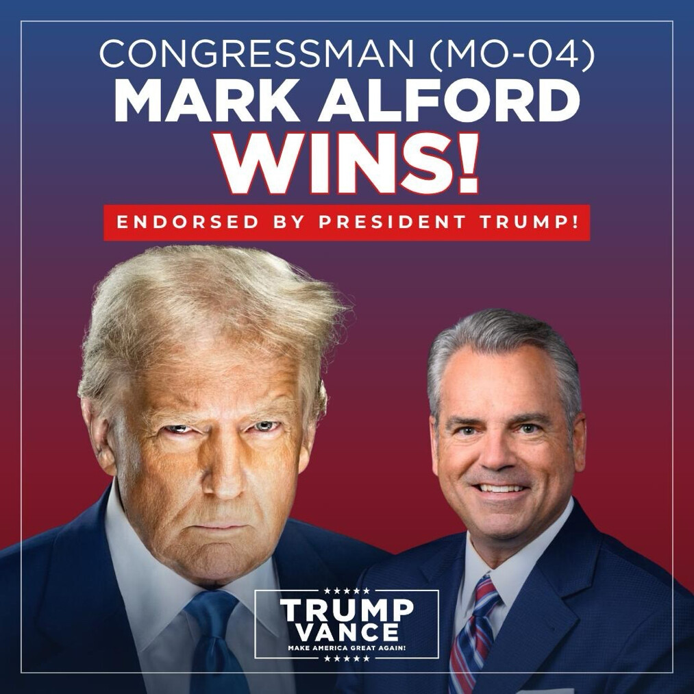 A graphic posted by President Donald J. Trump declares Congressman Mark Alford the winner on Truth Social on 08/04/2026.