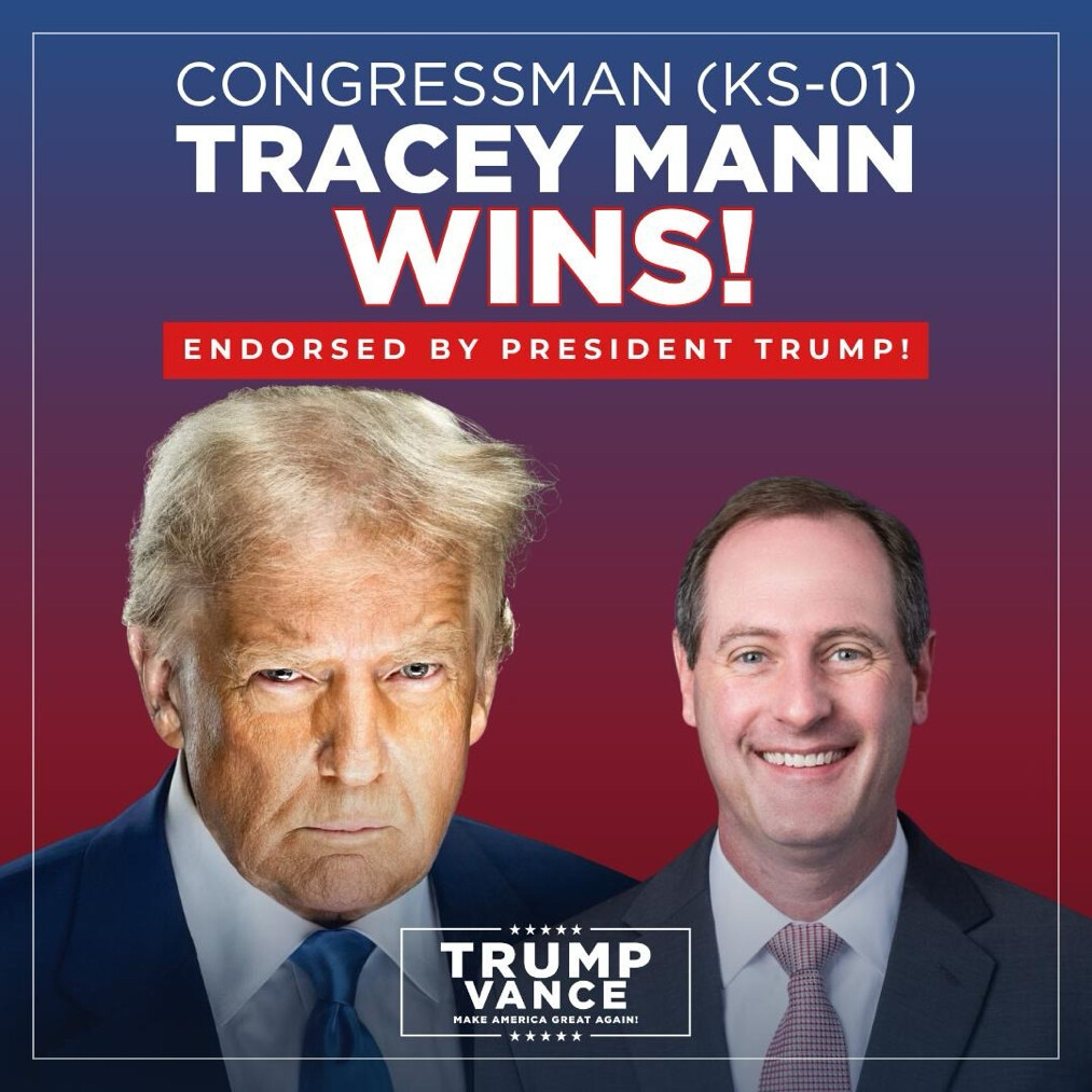A screenshot shows a graphic featuring cut-out portraits of President Donald J. Trump and Representative Tracey Mann at Washington D.C.