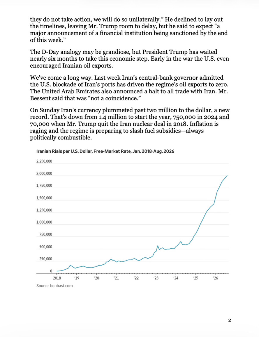 President Donald J. Trump posts a screenshot of a Wall Street Journal editorial, featuring text and a graph, on Truth Social in Washington D.C.
