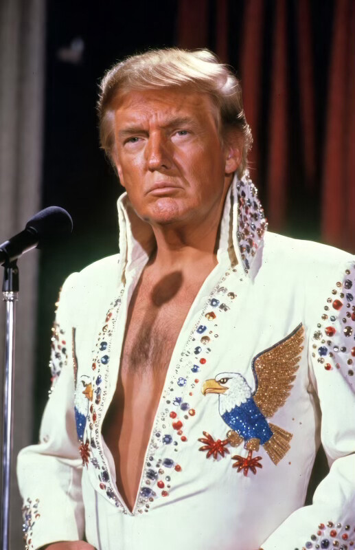 Donald J. Trump shared an image of a figure in an Elvis Presley-style costume on Truth Social on 08/01/2026.