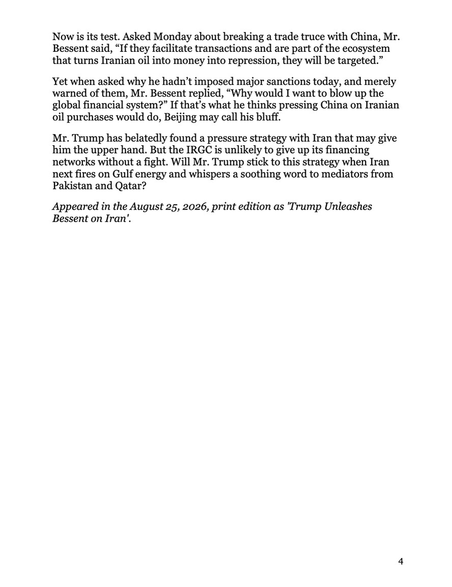 President Donald J. Trump shared a screenshot of a Wall Street Journal editorial on Truth Social on 08/26/2026.