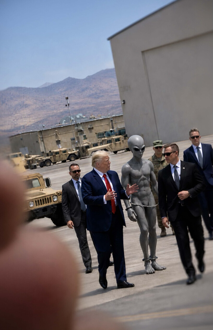 President Donald J. Trump posted a digitally created image showing a shackled alien figure among suited men wearing sunglasses on Truth Social on 08/01/2026.
