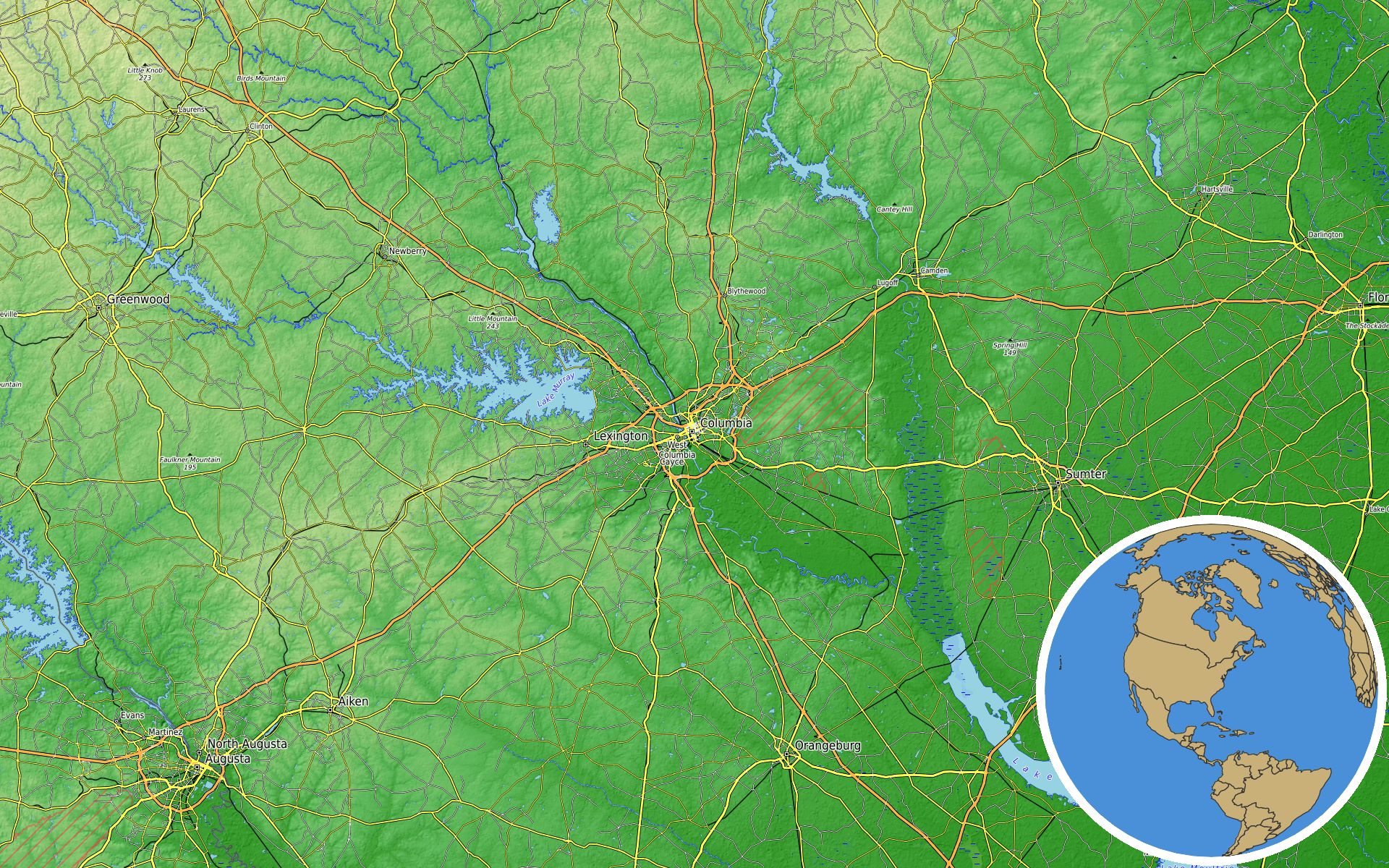OpenTopoMap / Natural Earth - Columbia, South Carolina
