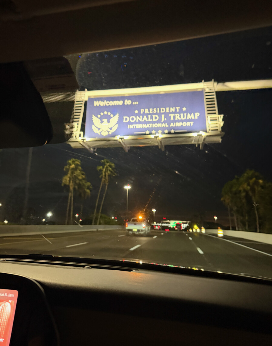 President Donald J. Trump International Airport sign is illuminated at Washington D.C.