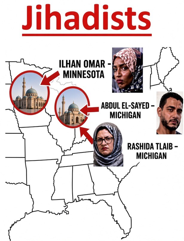 A graphic displays the headline 'Jihadists' over a partial map of the central and eastern United States, featuring two mosque illustrations and portraits of Rep. Ilhan Omar, Abdul El-Sayed, and Rep.