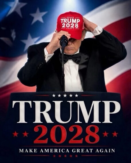 A stylized "TRUMP 2028" campaign poster, depicting a man in a tuxedo pulling a red cap over his face against an American flag backdrop, is displayed on Truth Social on 08/07/2026. The graphic, shared by President Donald J.