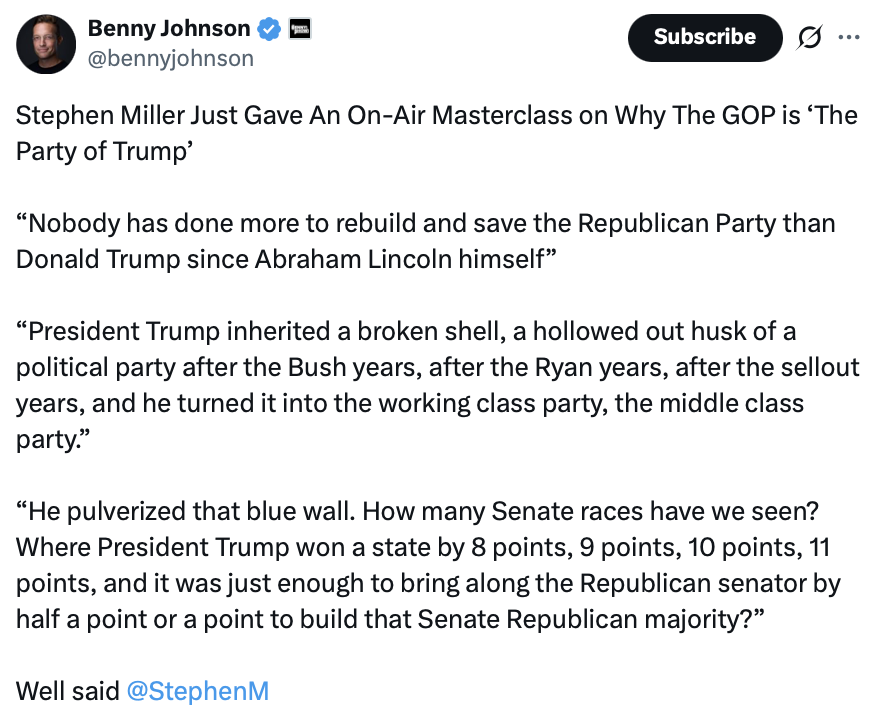 A social media post by Benny Johnson quoting Stephen Miller's remarks about the Republican Party is displayed on Truth Social on 08/08/2026. Former President Donald J.