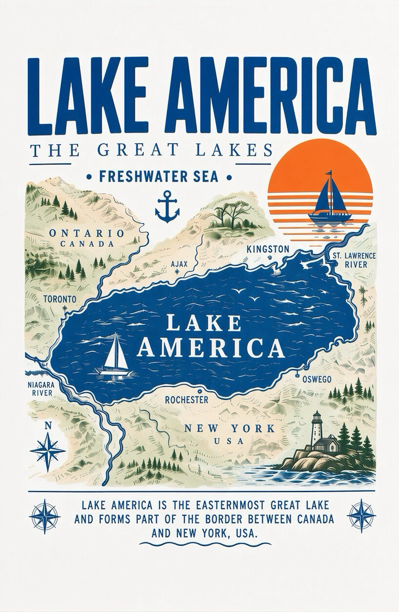 President Donald J. Trump posted a stylized map relabeling Lake Ontario as "Lake America" at WASHINGTON D.C.