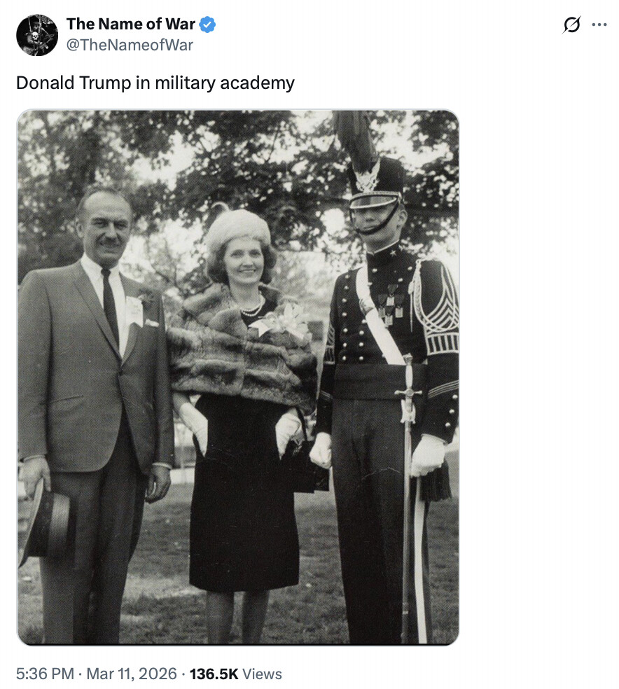 A vintage black-and-white photograph, identified by President Donald J. Trump as himself in military academy, was posted on Truth Social in Washington D.C.