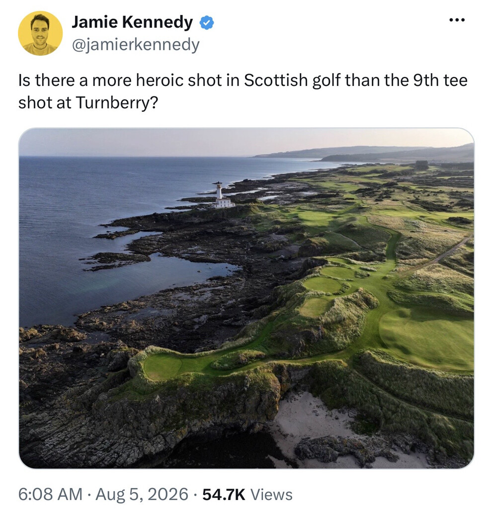 The Turnberry Ailsa golf course, featuring its iconic lighthouse, is seen in an aerial view at Turnberry, Scotland, on 08/08/2026. President Donald J.