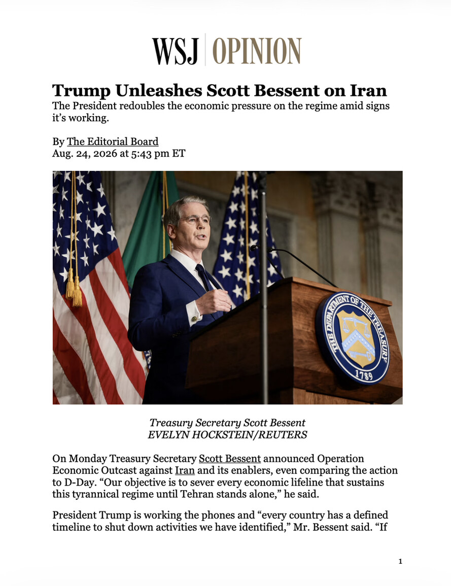 Trump Shares WSJ Editorial Hailing Bessent’s Iran Sanctions Campaign