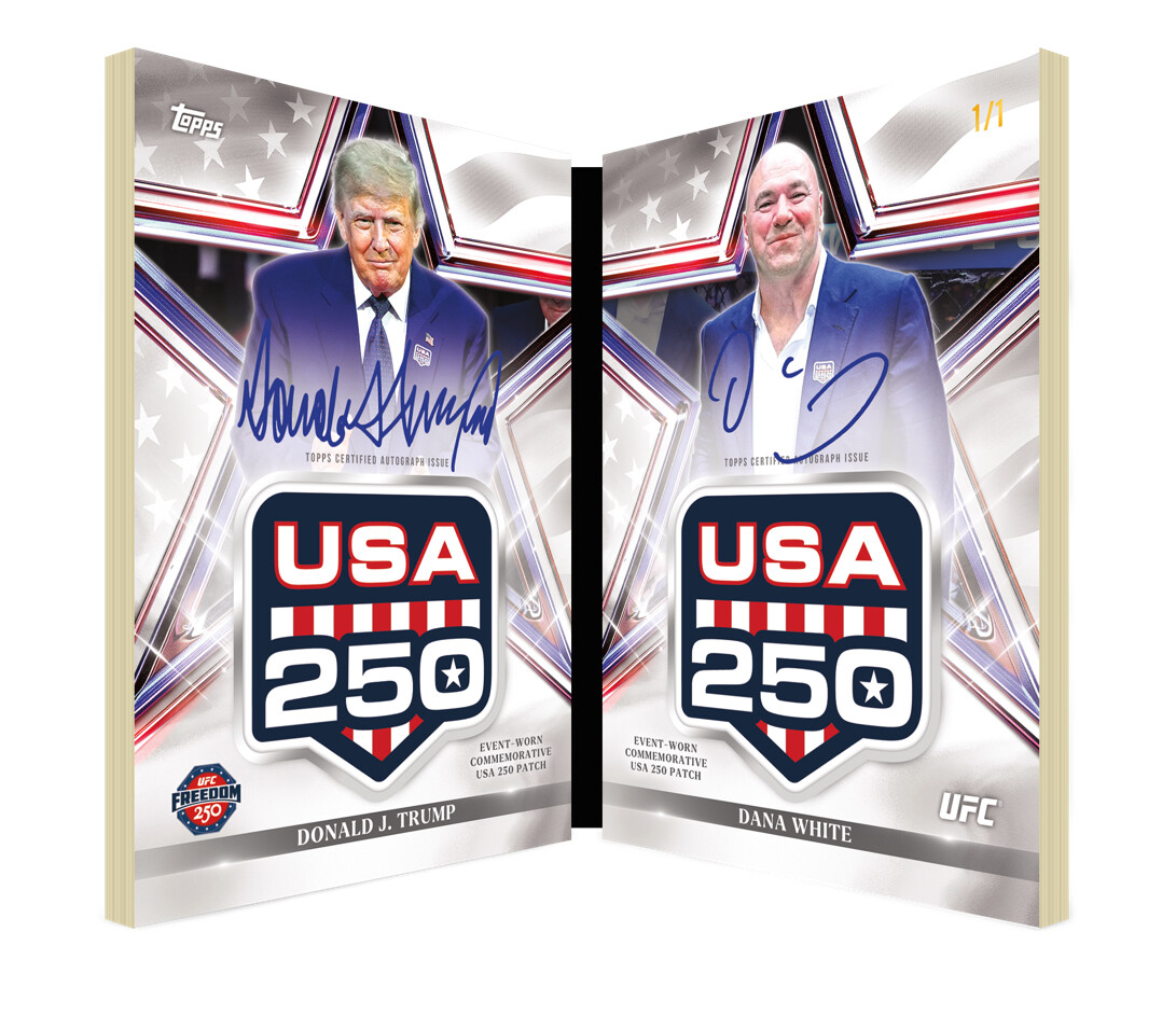 A one-of-a-kind Topps UFC trading card featuring Donald J. Trump and Dana White is pictured at Washington D.C.