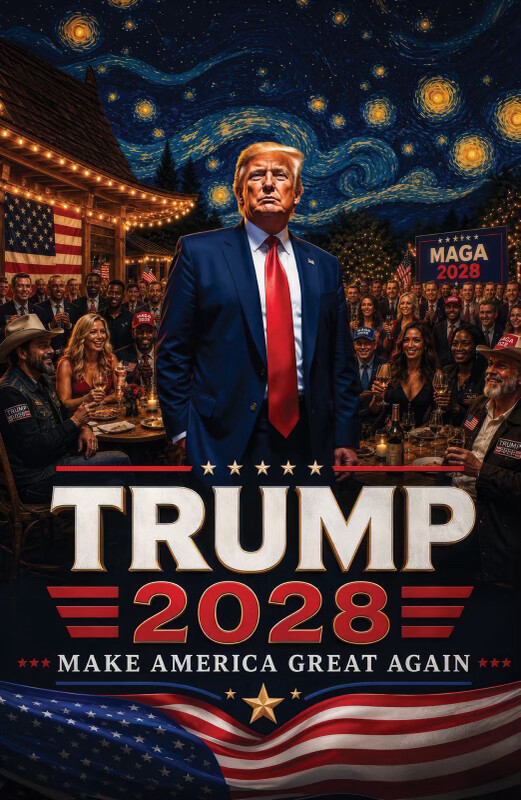 Former President Donald J. Trump posts a graphic featuring a figure resembling himself and the text 'MAGA 2028 TRUMP' at Washington D.C.
