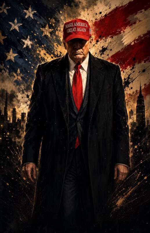A digital illustration featuring a stylized figure wearing a red cap emblazoned with "MAKE AMERICA GREAT AGAIN" is shown at Washington D.C. on 08/30/2026.