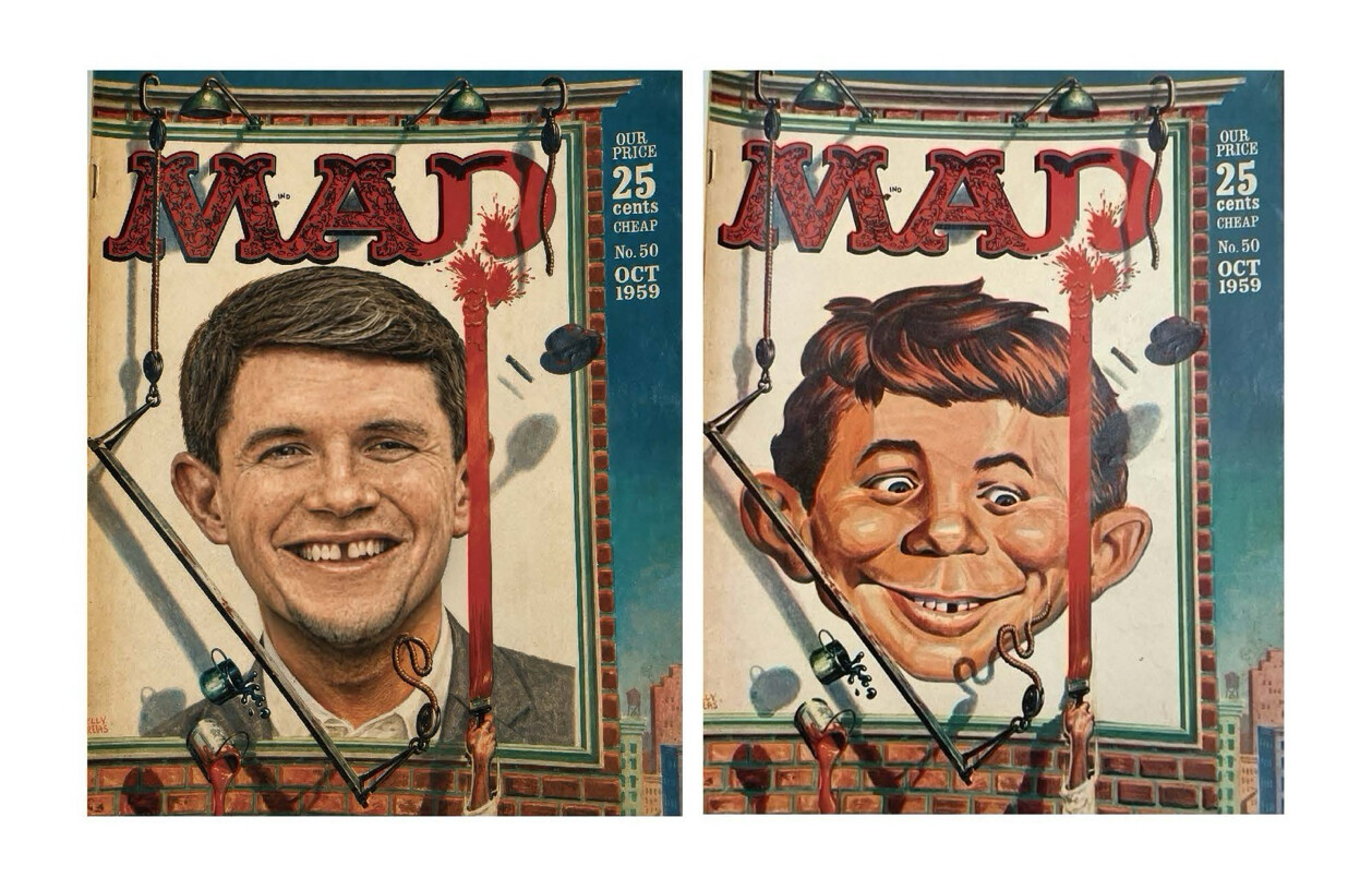 47th President Donald J. Trump posts an image of an altered MAD Magazine cover, featuring his likeness, alongside the original at WASHINGTON D.C.