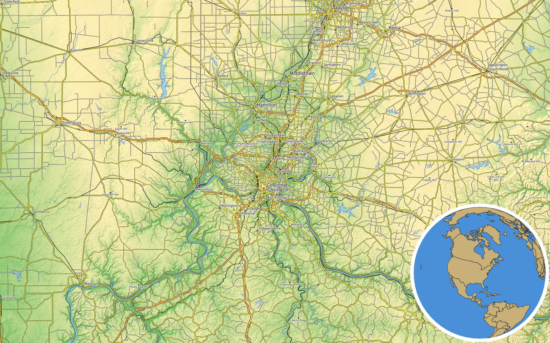 OpenTopoMap / Natural Earth - Cincinnati, Ohio