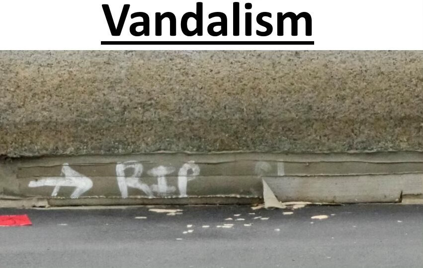 Graffiti reading "Vandalism RIP" is spray-painted on a wall at an undisclosed location on 08/08/2026. Former President Donald J.
