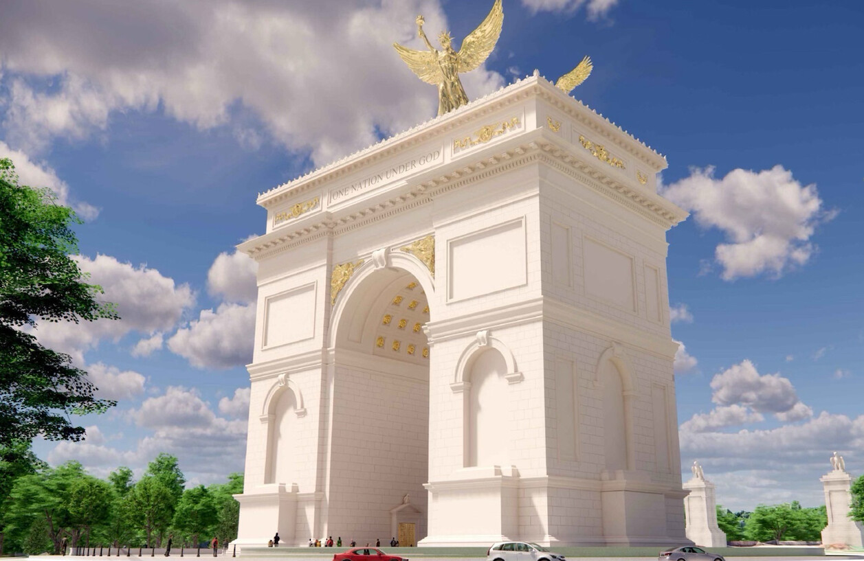 A rendering of the proposed United States Triumphal Arch is shown at Washington D.C. on 08/01/2026.