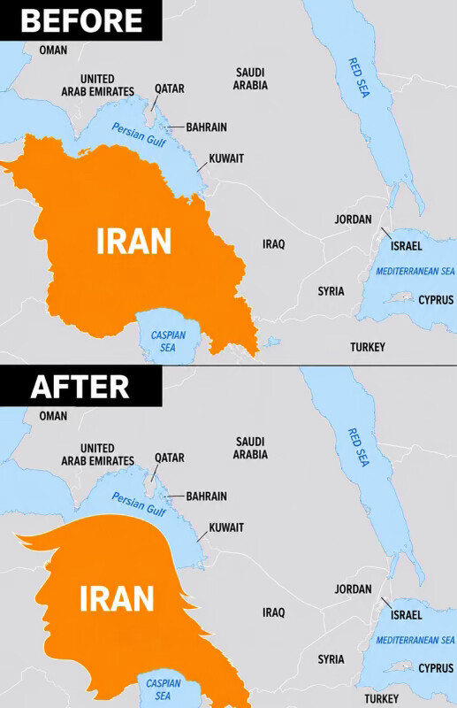 President Donald J. Trump posts a graphic redrawing the map of Iran into a human face at WASHINGTON D.C.