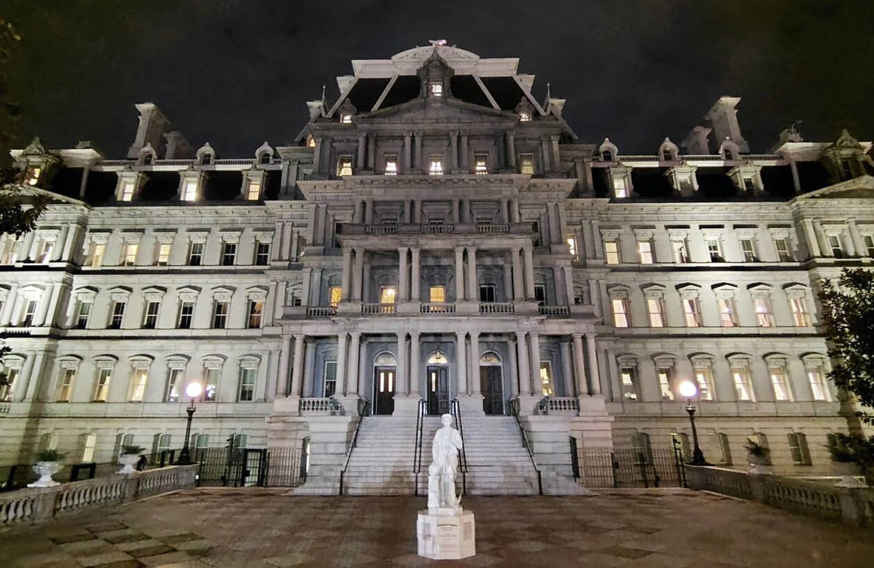 A statue of Christopher Columbus posed at the Eisenhower Executive Office Building in Washington D.C. on 09/07/2026.