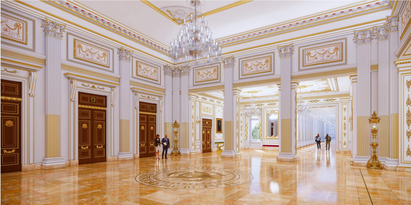 A rendering of the new White House Ballroom depicts a gilded, neoclassical hall at the White House on 09/13/2026. President Donald J.