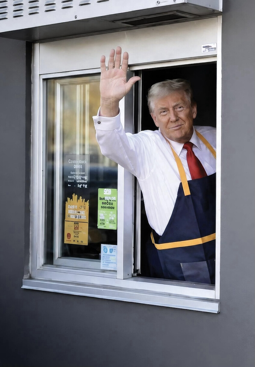 47th President of the United States Donald J. Trump leans out of a fast-food drive-thru window and waves on 09/06/2026.