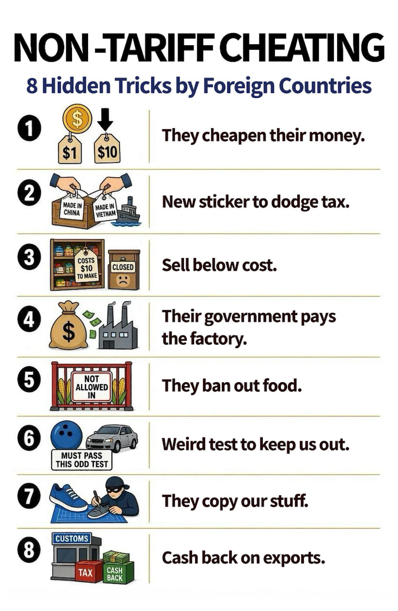A graphic posted by President Donald J. Trump illustrating alleged non-tariff trade tricks is displayed on Truth Social at WASHINGTON D.C.
