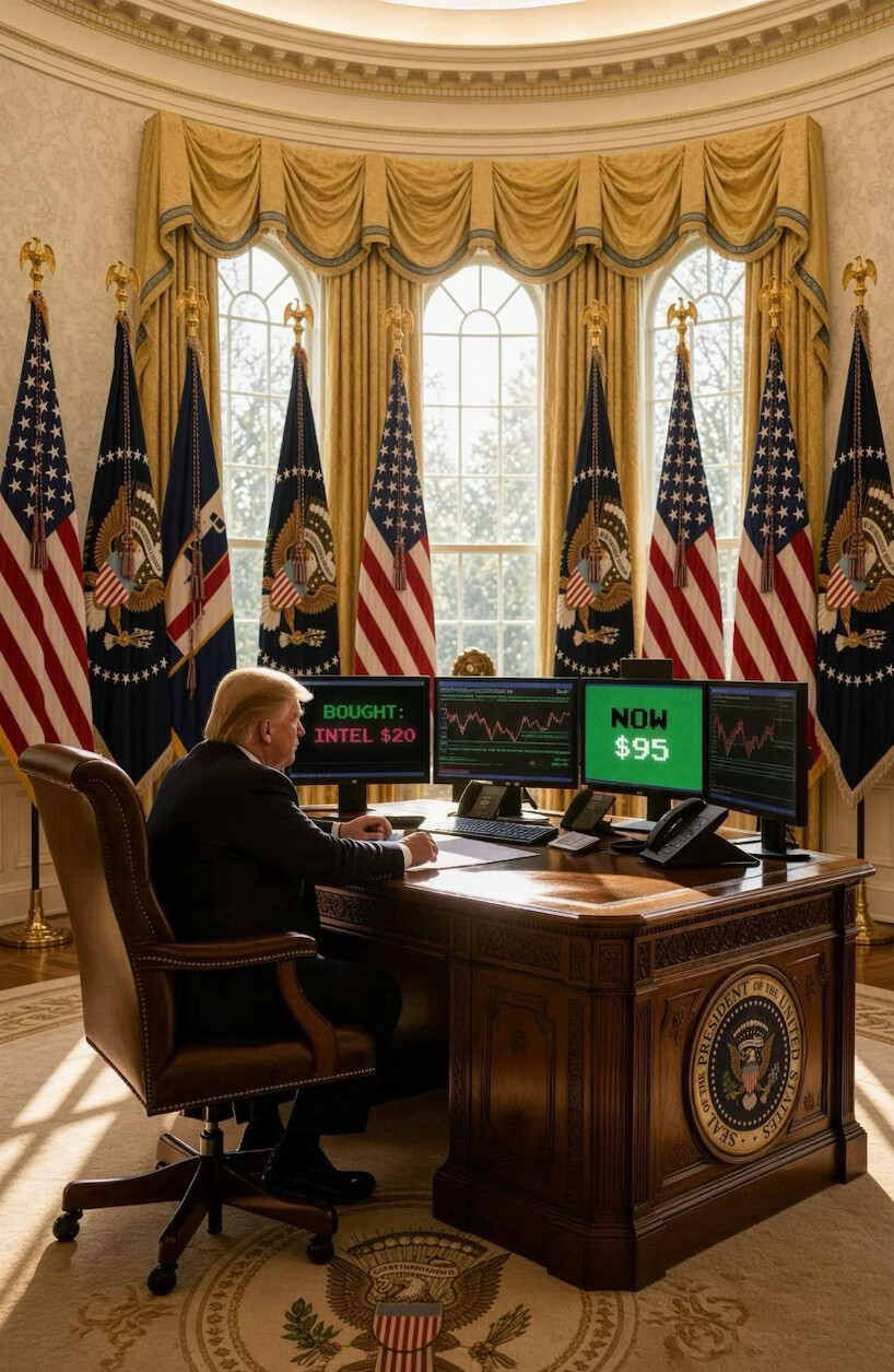 A graphic depicting a room styled to resemble the Oval Office displays stock charts on monitors in Washington D.C. on 09/06/2026.