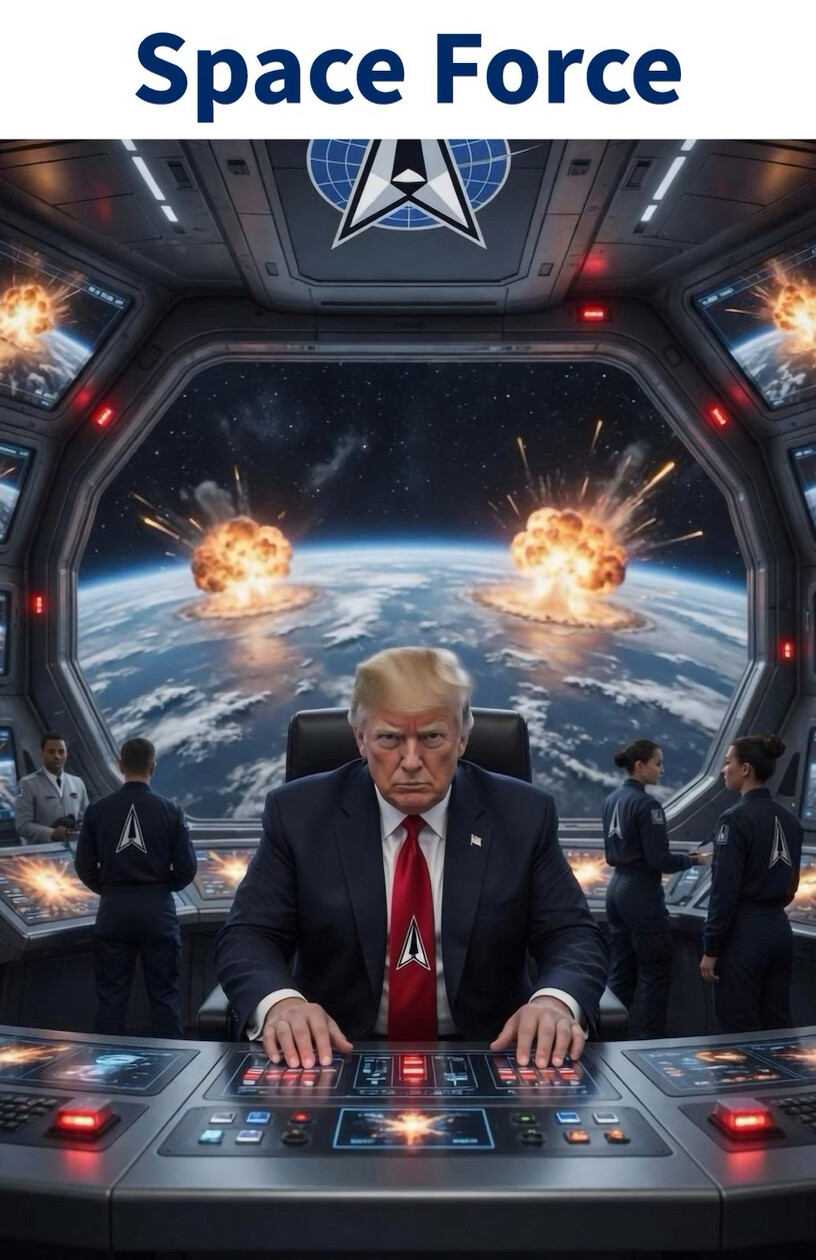 47th President Donald J. Trump is shown in an AI-generated image seated at a futuristic control panel inside a spacecraft or space station bridge on 09/06/2026.