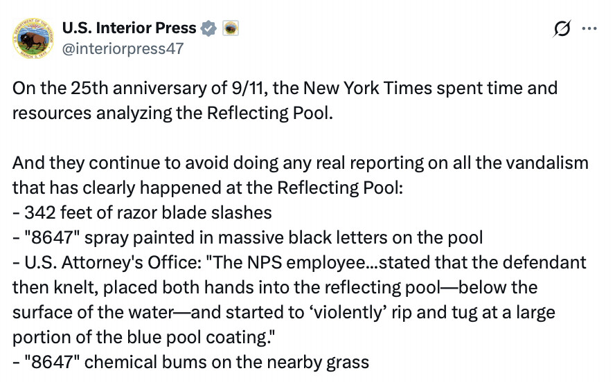 A screenshot of a social media post from the account @interiorpress47 is displayed in Washington D.C. on 09/13/2026.