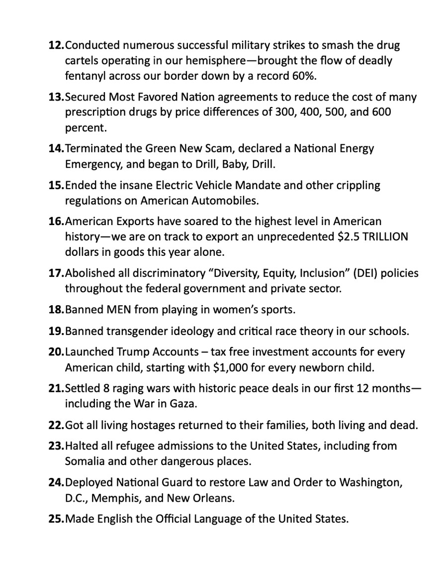 47th President Donald J. Trump posted a list of 25 achievements on Truth Social on 09/18/2026.