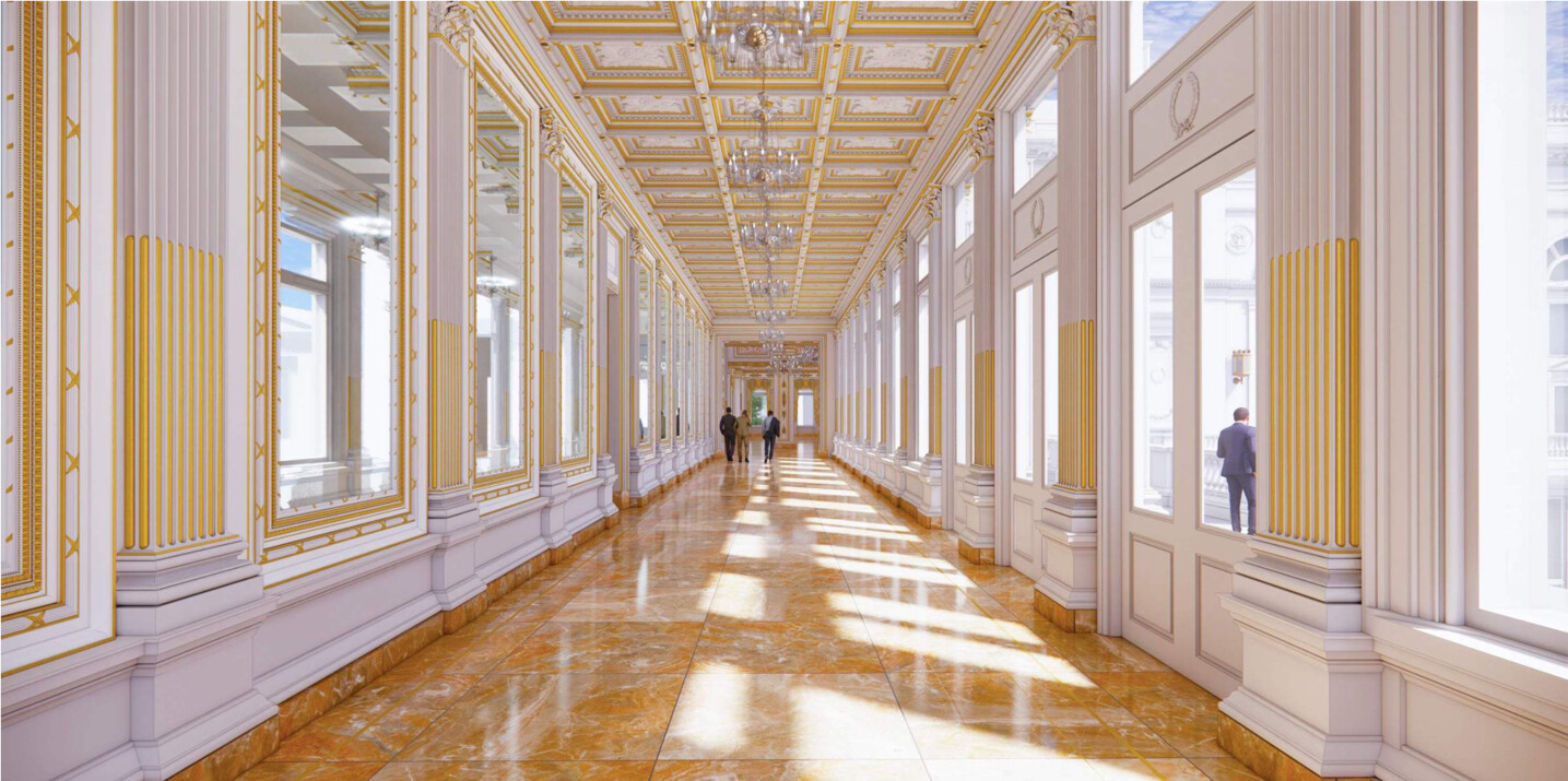 A computer-generated rendering of the proposed White House ballroom interior depicts an ornate, gilded hall at Washington D.C. on 09/13/2026.