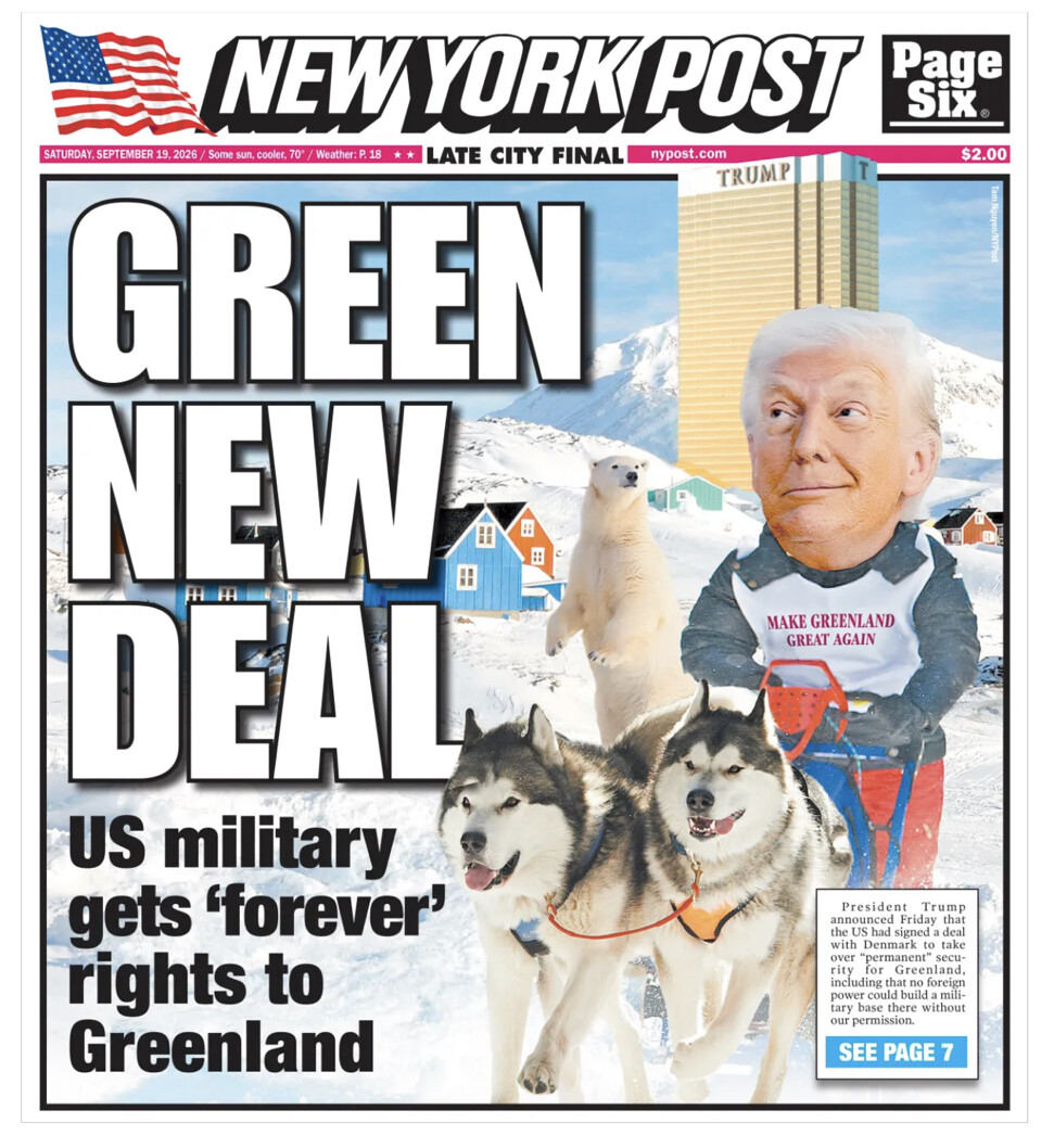 A satirical New York Post front page, featuring a figure resembling President Donald J. Trump riding a dog sled past a polar bear and a skyscraper, is displayed on Truth Social on 09/19/2026.