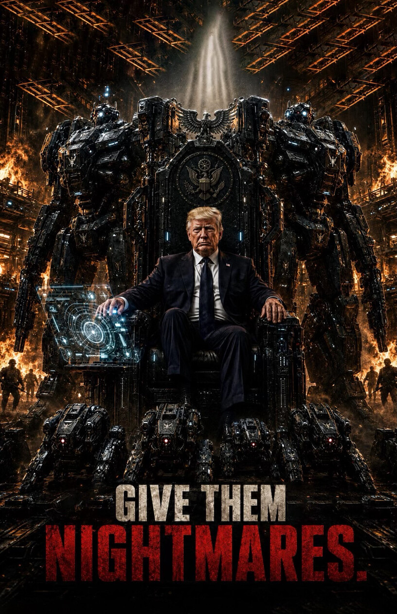 47th President of the United States Donald J. Trump is depicted seated on a mechanical throne in a digitally created poster at WASHINGTON D.C.