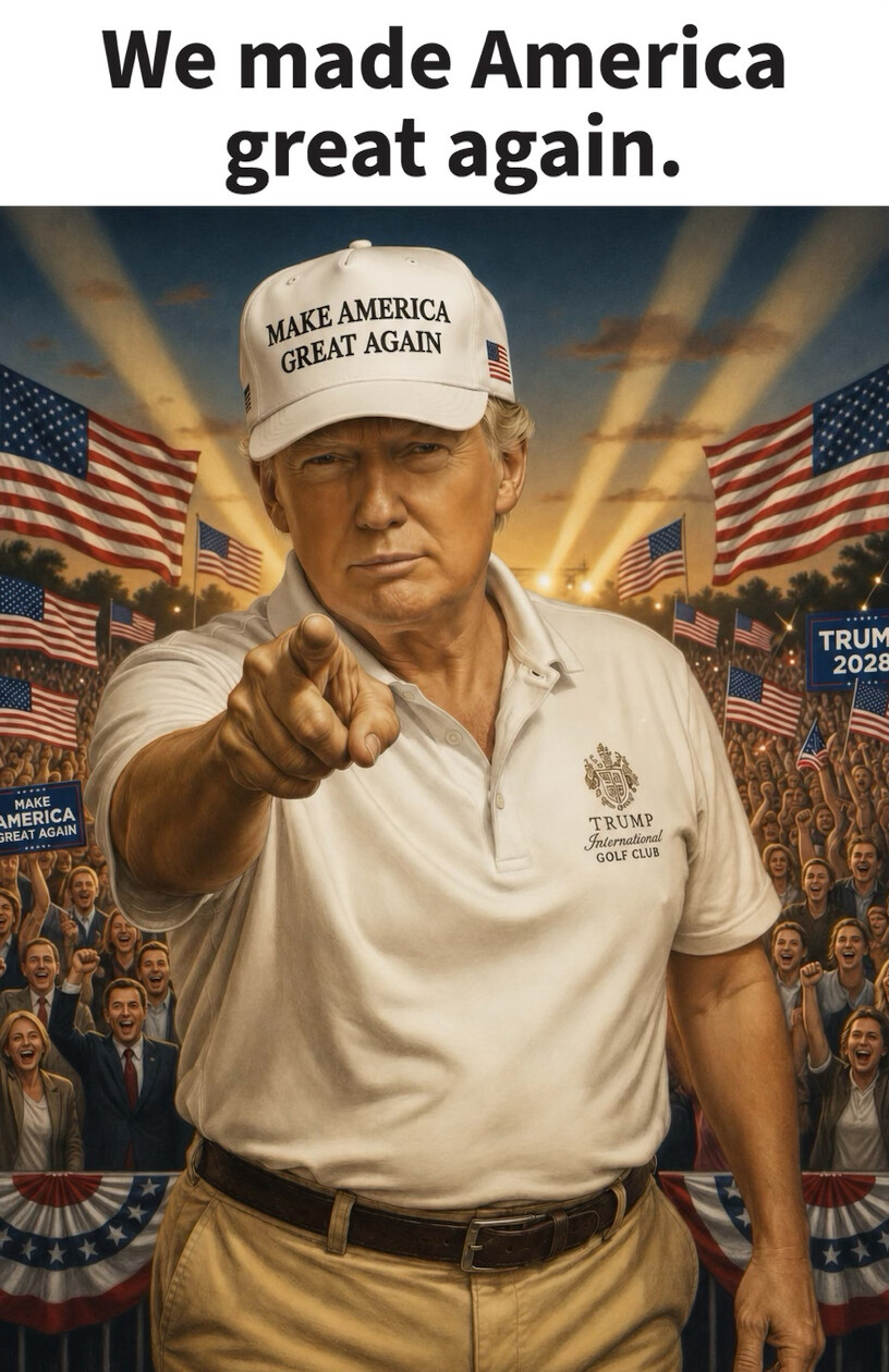 An illustration depicting a stylized figure wearing a "MAKE AMERICA GREAT AGAIN" cap and a "TRUMP 2028" sign appeared on Truth Social on 09/06/2026. The image, posted by 47th President Donald J.