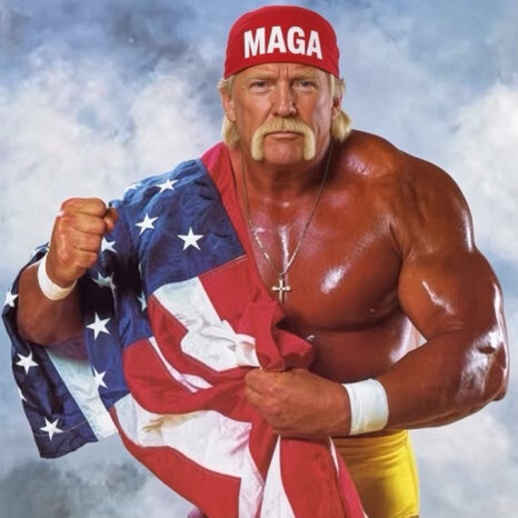 47th President Donald J. Trump is shown as a muscular figure posed in a red MAGA cap and American flag at WASHINGTON D.C.