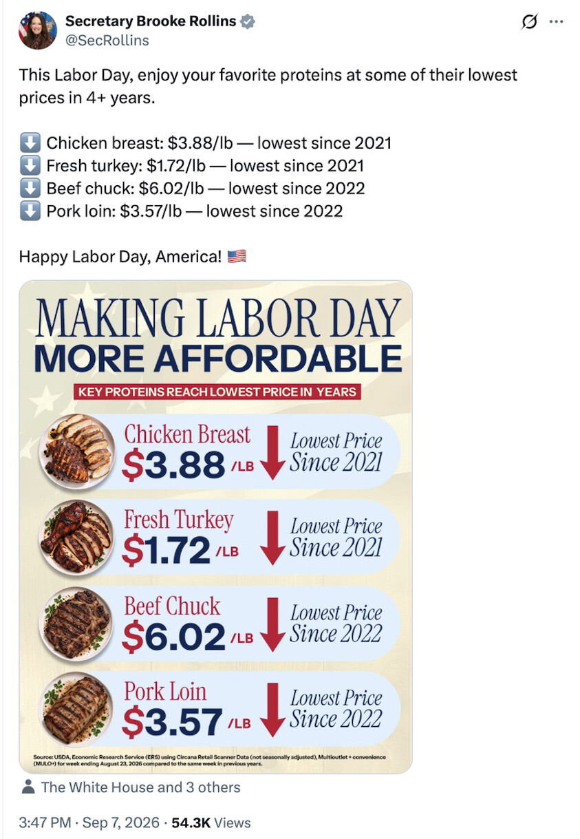 Secretary Brooke L. Rollins posts a message about protein prices on Truth Social on September 7, 2026.