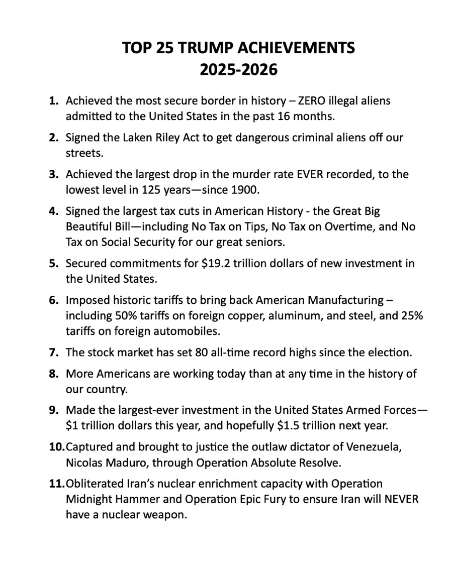A document titled "TOP 25 TRUMP ACHIEVEMENTS 2025-2026" is posted by 47th President Donald J. Trump on Truth Social on 09/18/2026.