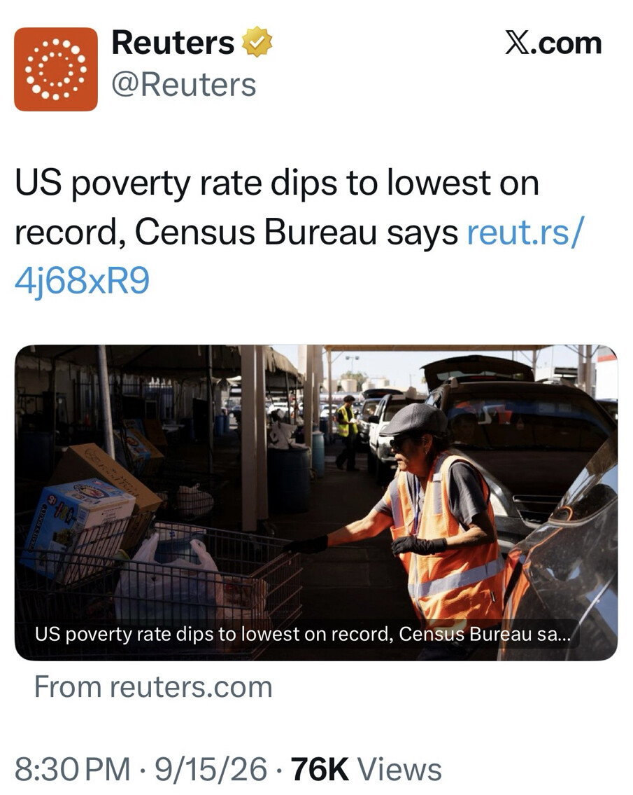 Trump Shares Reuters Report of US Poverty Rate at Record Low