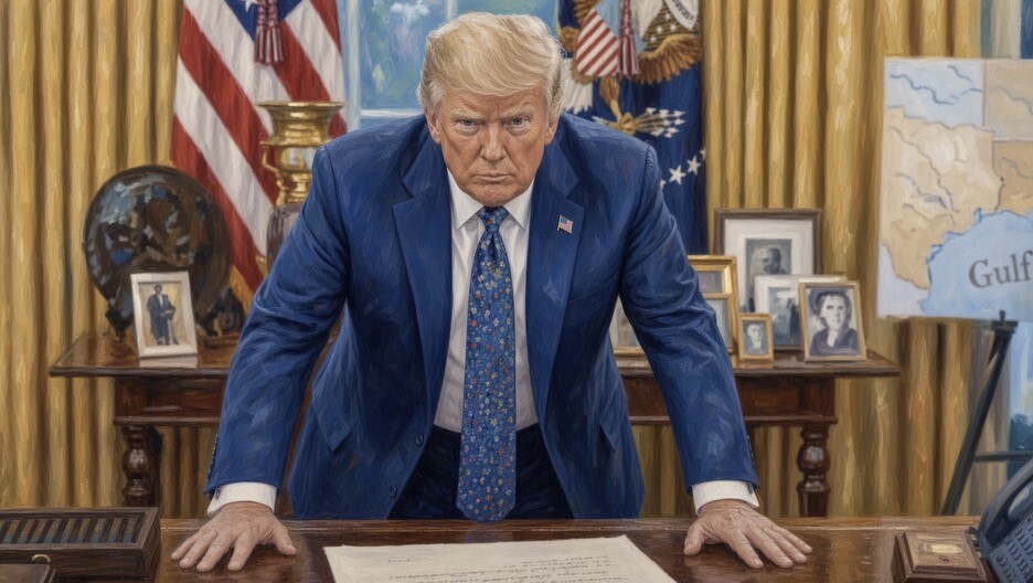47th President Donald J. Trump posts a stylized illustration captioned "Gulf" in Washington D.C.