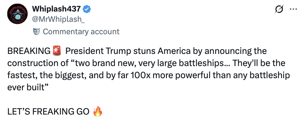 47th President Donald J. Trump shared a screenshot of a social media post from a commentary account at Washington D.C.