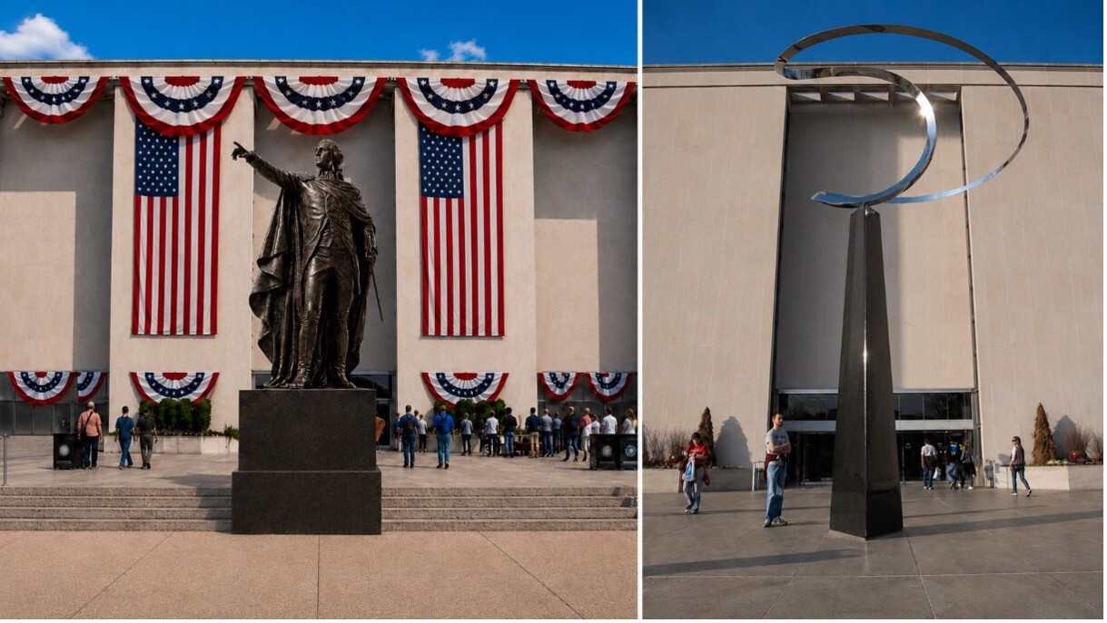 The 11-foot George Washington statue and the Infinity sculpture are shown in Washington D.C. on 09/11/2026.