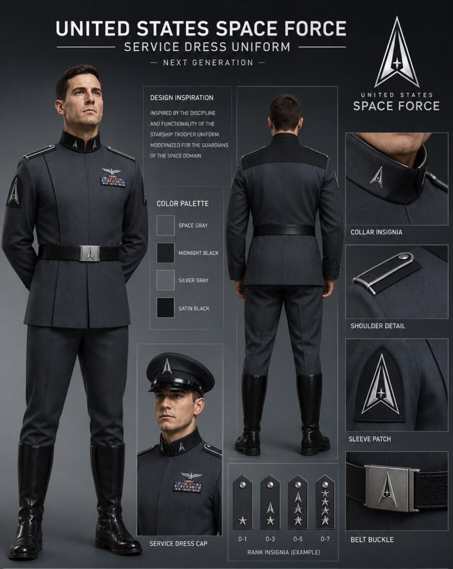 A concept graphic for a next-generation Space Force dress uniform is displayed on Truth Social on 09/06/2026. The graphic, posted by 47th President Donald J.