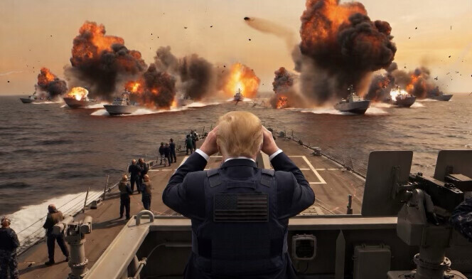 47th President of the United States Donald J. Trump posted a digitally composited image depicting burning boats on Truth Social on 09/07/2026.