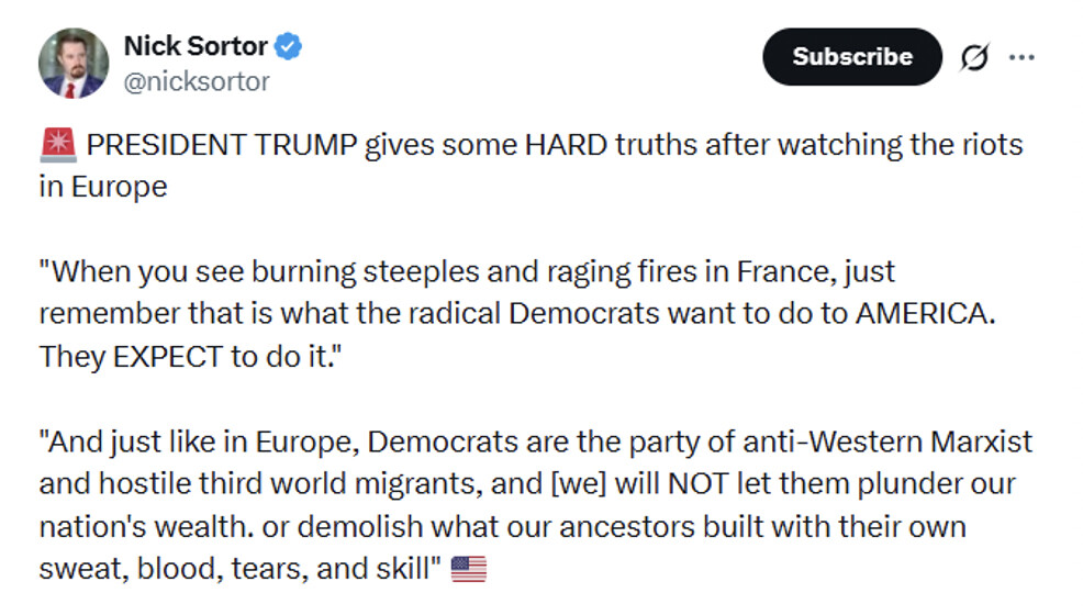 47th President of the United States Donald J. Trump shared a social media post by conservative influencer and digital journalist Nick Sortor in WASHINGTON D.C.