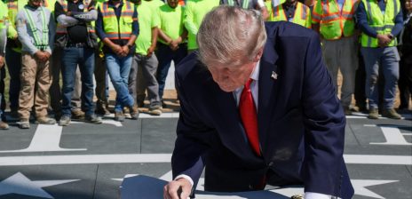 Trump Signs Ceremonial Slab at Construction Event Captioned “CORTS”