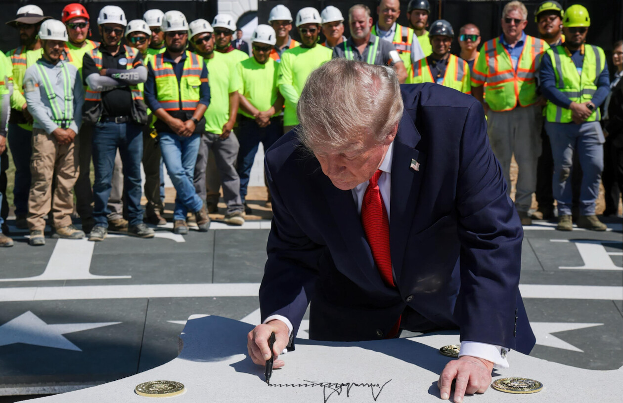 Trump Signs Ceremonial Slab at Construction Event Captioned “CORTS”
